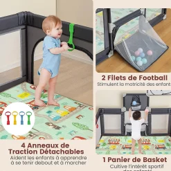 Parc Bebe avec 50 Balles Océaniques, Parc Enfant avec Panier de Basket, Porte Zippée, Gris Foncé, 88 x 157 x 100 cm