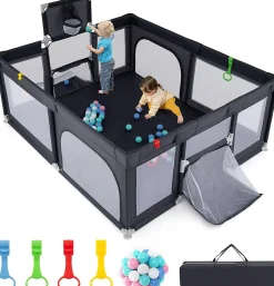 Parc Bebe avec 50 Balles Océaniques, Parc Enfant avec Panier de Basket, Porte Zippée, Gris Foncé, 88 x 157 x 100 cm