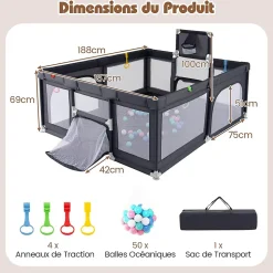 Parc Bebe avec 50 Balles Océaniques, Parc Enfant avec Panier de Basket, Porte Zippée, Gris Foncé, 88 x 157 x 100 cm