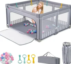 Parc Bebe Pliable avec 50 Balles Océaniques, 150 x 150 x 76,5 cm, Parc Enfant sans BPA pour Tout-petits, Filet Respirant, Gris
