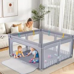 Parc Bebe Pliable avec 50 Balles Océaniques, 150 x 150 x 76,5 cm, Parc Enfant sans BPA pour Tout-petits, Filet Respirant, Gris