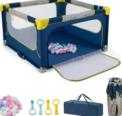 Parc Bebe Pliable 127x127cm, Parc Enfant Modulable avec 50 Balles Océaniques, 4 Poignées, Maille Respirante, Bleu