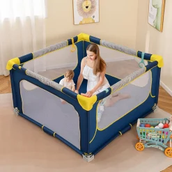 Parc Bebe Pliable 127x127cm, Parc Enfant Modulable avec 50 Balles Océaniques, 4 Poignées, Maille Respirante, Bleu