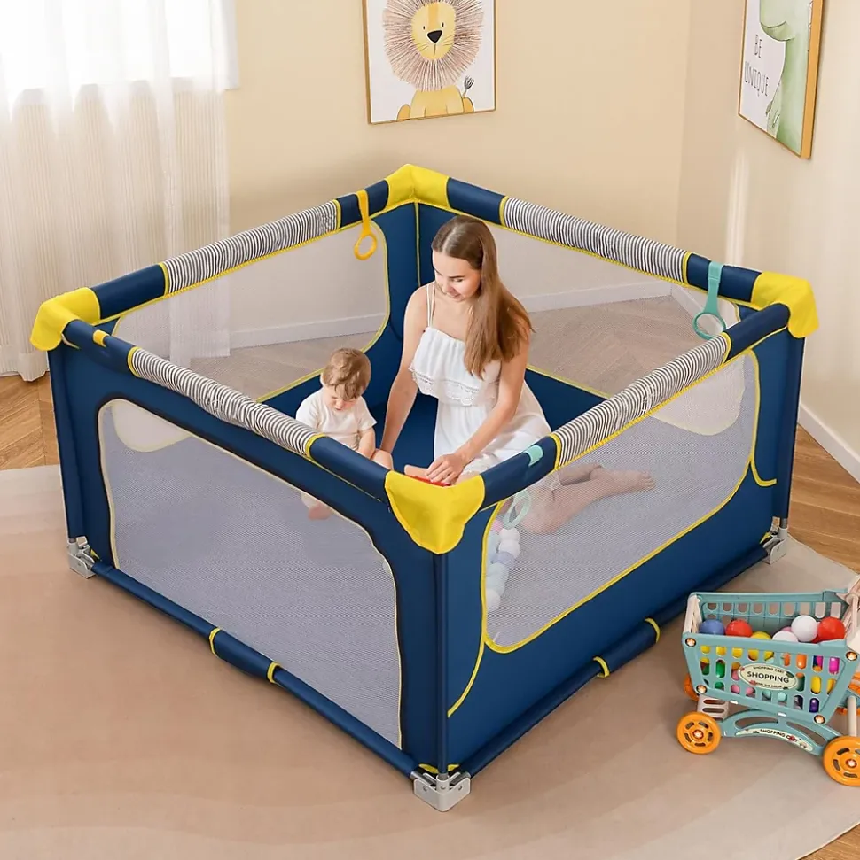 Parc Bebe Pliable 127x127cm, Parc Enfant Modulable avec 50 Balles Océaniques, 4 Poignées, Maille Respirante, Bleu