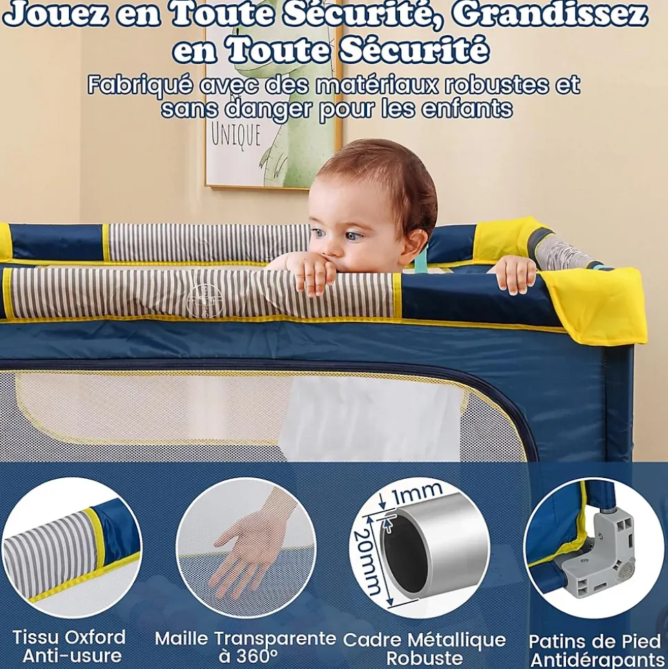 Parc Bebe Pliable 127x127cm, Parc Enfant Modulable avec 50 Balles Océaniques, 4 Poignées, Maille Respirante, Bleu