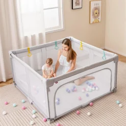 Parc Bebe Pliable 127x127cm, Parc Enfant Modulable avec 50 Balles Océaniques, 4 Poignées, Maille Respirante, Bleu