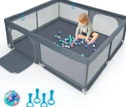 Parc pour Bébé Parc de Jeu Tout Petit avec Maille Respirante 4 Anneaux Balles Océaniques Barrière avec Porte Gris
