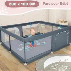 Parc pour Bébé Parc de Jeu Tout Petit avec Maille Respirante 4 Anneaux Balles Océaniques Barrière avec Porte Gris