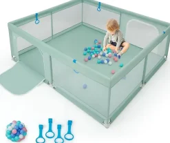 Parc pour Bébé Parc de Jeu Tout Petit avec Maille Respirante 4 Anneaux Balles Océaniques Barrière avec Porte Vert