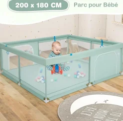 Parc pour Bébé Parc de Jeu Tout Petit avec Maille Respirante 4 Anneaux Balles Océaniques Barrière avec Porte Vert