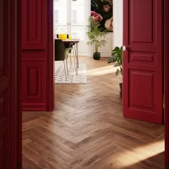 Parquet contrecollé clipsable Skara bâtons rompus en chêne huilé brun rustique