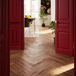 Parquet massif à coller Skara bâtons rompus en chêne verni brun