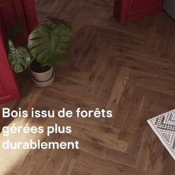 Parquet massif à coller Skara bâtons rompus en chêne verni brun