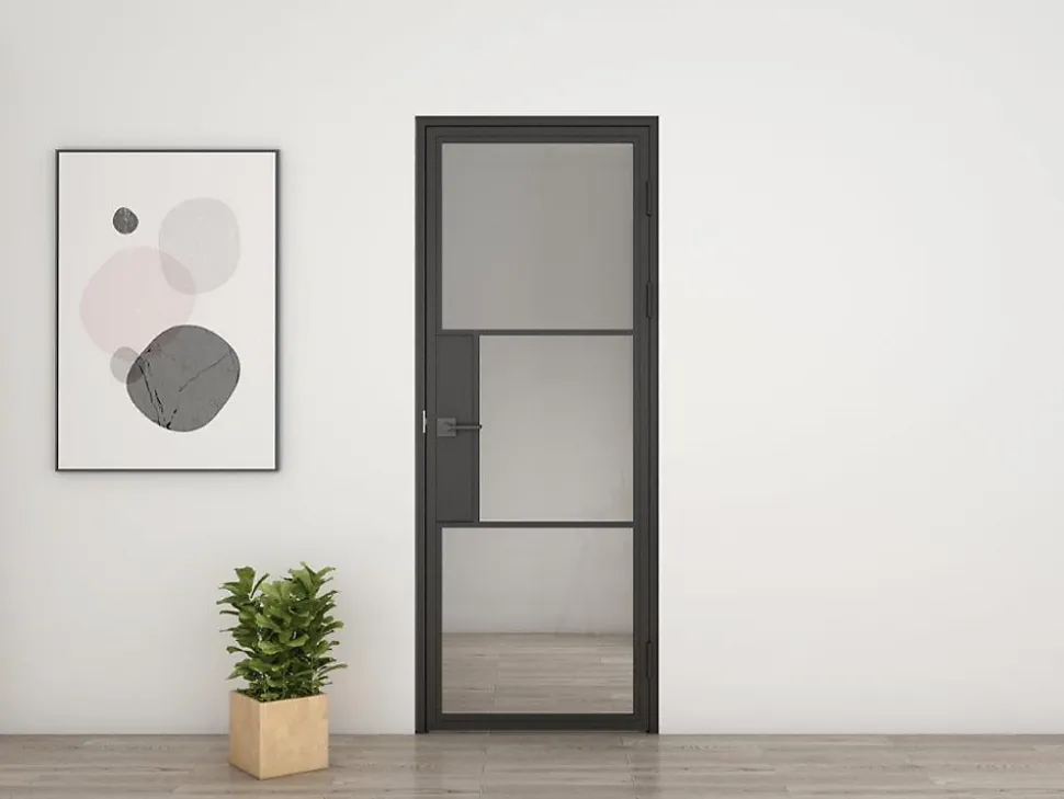 Porte complète Intérieure en verre avec cadre Schulte - Serrure- 71x197 - Noir - Transparent - 3 Vitrages - droit