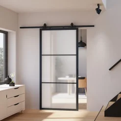 Porte coulissante complète verre Schulte - 102x220 - Porte vitrée - Décor industriel Loftstyle - Satinée - Noir