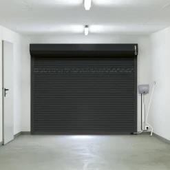 Porte de garage motorisée enroulable aluminium Ambre gris H.200 x L.300 cm avec hublots Protecta