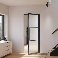 Porte Intérieure Loft En Verre Schulte - 83x197 - Atelier - Noir Mat - Satiné - 3 Vitrages - Tirant Droite