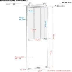 Porte seule 3 carreaux vitrés opaques, coloris noir mat H.204 x l.83cm