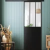 Porte seule en aluminium 3 carreaux vitrés transparents, coloris noir H.204 x l.73cm
