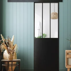 Porte seule en aluminium 3 carreaux vitrés transparents, coloris noir H.204 x l.73cm