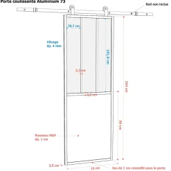 Porte seule en aluminium 3 carreaux vitrés transparents, coloris noir H.204 x l.73cm