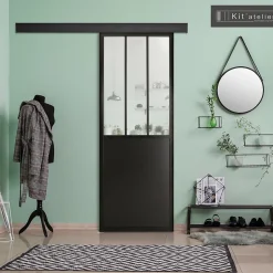 Porte seule en MDF, 3 carreaux vitrés transparents, coloris noir mat H.204 x l.83cm