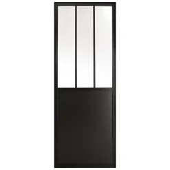 Porte seule en MDF, 3 carreaux vitrés transparents, coloris noir mat H.204 x l.83cm