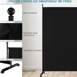 Séparateur de Pièce 184 x 184 cm, Paravent de Confidentialité sur roulettes, Paravent Autoportant pour Salon, Chambre, Noir