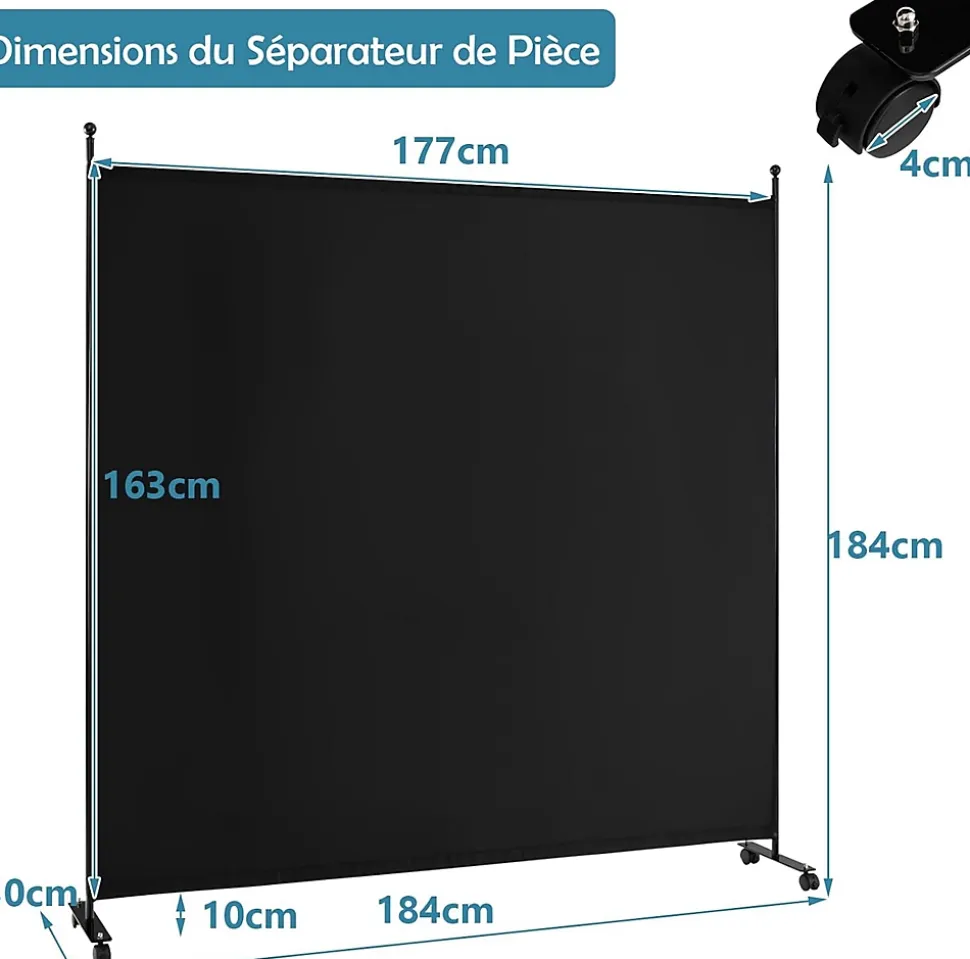 Séparateur de Pièce 184 x 184 cm, Paravent de Confidentialité sur roulettes, Paravent Autoportant pour Salon, Chambre, Noir