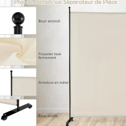 Séparateur de Pièce 184 x 184 cm, Paravent de Confidentialité sur roulettes, Paravent Autoportant pour Salon, Chambre, Blanc