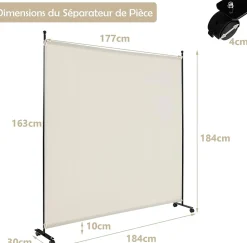 Séparateur de Pièce 184 x 184 cm, Paravent de Confidentialité sur roulettes, Paravent Autoportant pour Salon, Chambre, Blanc