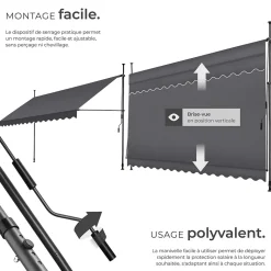 Store à pince sans perçage avec Manivelle Réglable en hauteur 211 - 304 cm noir/gris