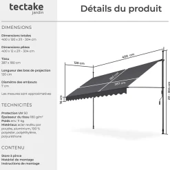 Store à pince sans perçage avec Manivelle Réglable en hauteur 211 - 304 cm noir/gris