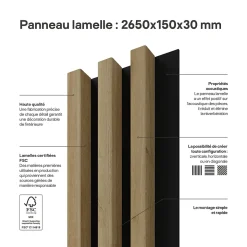 Tasseau décoratif lambris lamelles Linea Slim MDF noir et chêne 15 x 265 cm, ép. 30mm