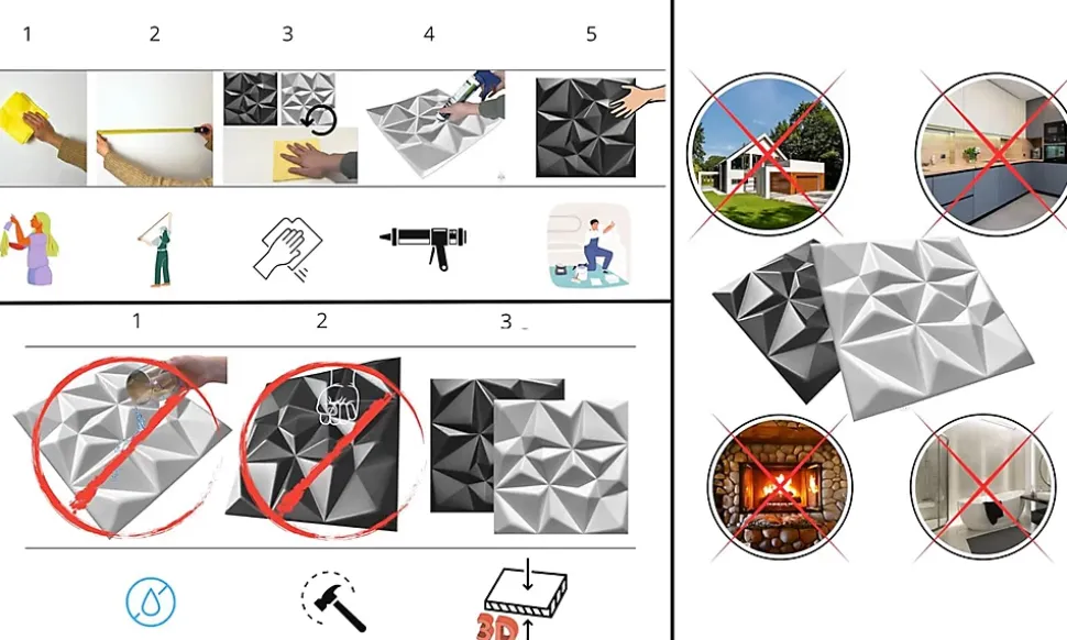16x - 4m2 panneaux muraux 3D en polystyrène XPS flexibles 50 x 50 cm Revêtement mural et de plafond moderne Rubin Black